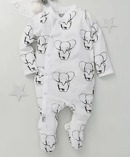 ROYAL BRATS Full Sleeves Elephant Printed Footed Romper - White