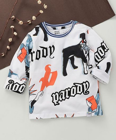 ROYAL BRATS Full Sleeves Bull Dog Printed T-Shirt - White
