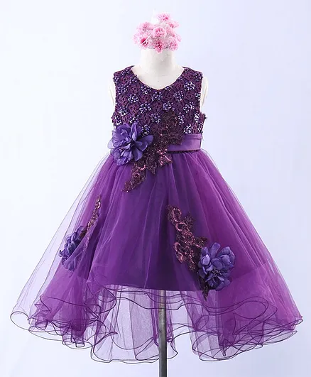 Mark & Mia Sleeveless Pearl & Floral Embellished Frock - Purple