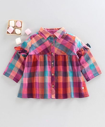 Ed-A-Mamma Full Sleeves Ruffle Checked Shirt Style Top - Pink