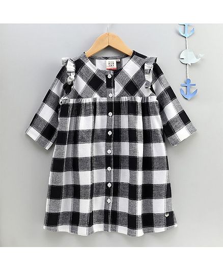Ed-A-Mamma Full Sleeves Checked Ruffle Detailed Dress - Black