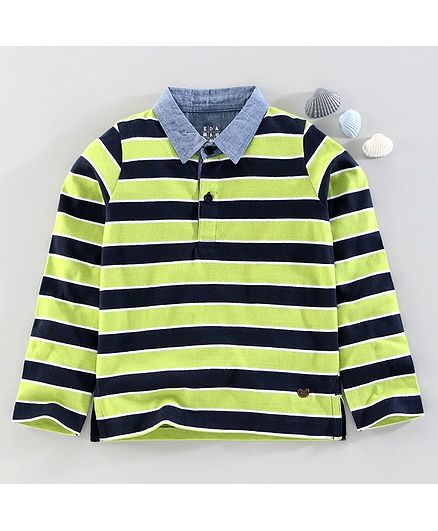 Ed-A-Mamma Full Sleeves Striped Tee With Chambray Collar - Green