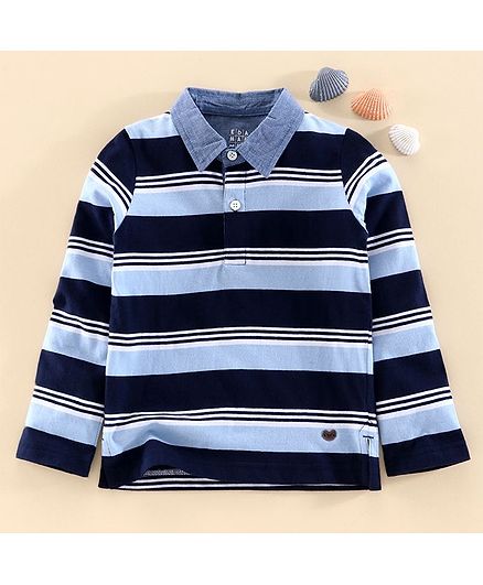 Ed-A-Mamma Full Sleeves Striped Tee With Chambray Collar - Blue