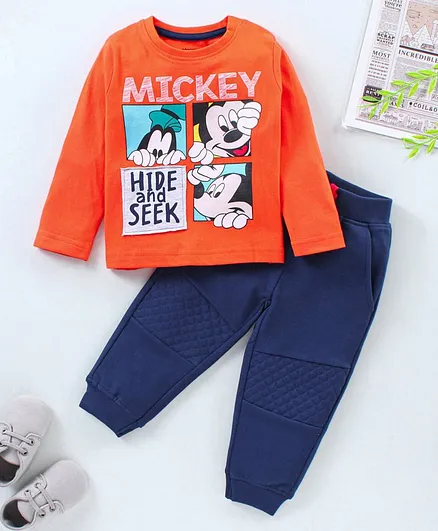 Babyhug Full Sleeve Tee & Lounge Pant Mickey Mouse Print - Orange Navy