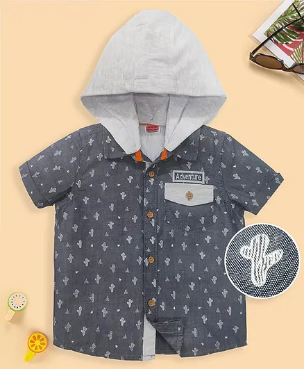 Babyhug Half Sleeves Hooded Shirt Adventure Print - Grey Blue