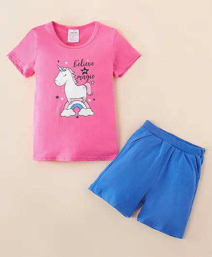Kookie Kids Half Sleeves Tee And Short Set Unicorn Print - Pink
