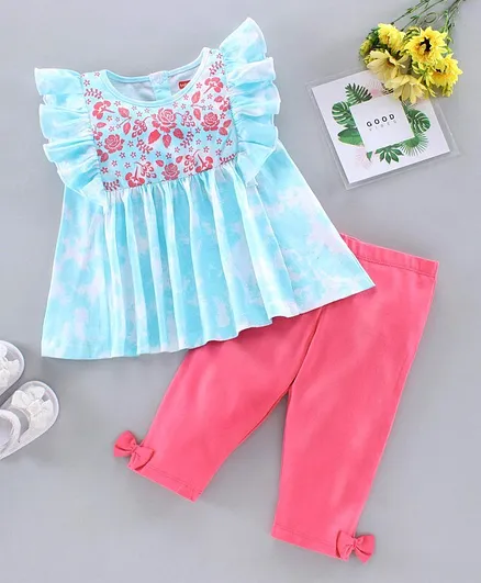 Babyhug Flutter Sleeves Top and Leggings Set Floral Embroidery - Pink