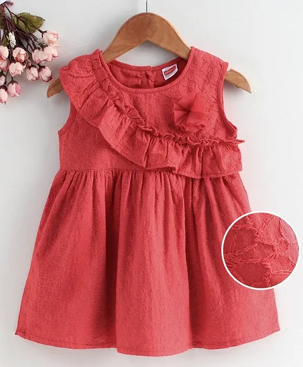 Babyhug Sleeveless Frock with Floral Embroidery & Corsage - Coral