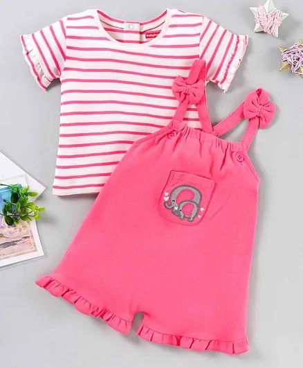 Babyhug Half Sleeves Dungaree with Inner Tee - Pink