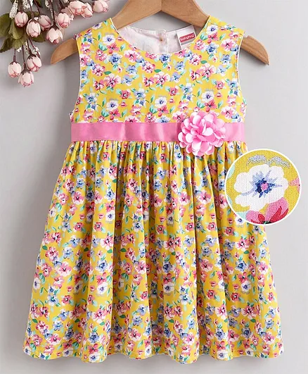 Babyhug Sleeveless Frock Floral Print - Yellow