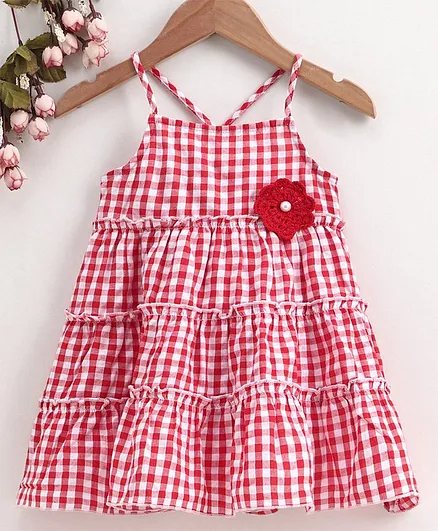 Babyhug Singlet Sleeves Checked Frock Floral Applique - Red