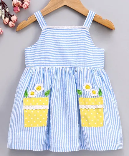 Babyhug Sleeveless Striped Frock Floral Embroidery - Blue