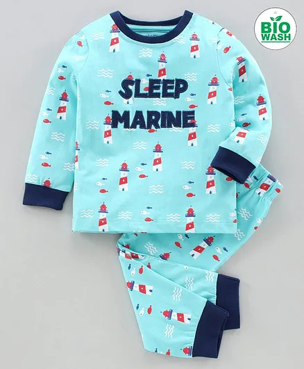 Babyoye Full Sleeves Cotton Night Suit Marine Print - Aqua Blue