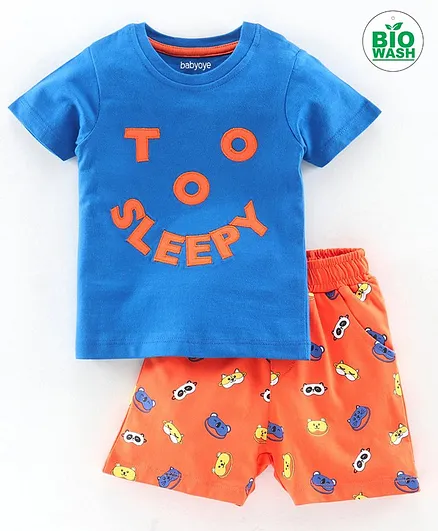 Babyoye Half Sleeves Night Suit Text Embroidery - Orange