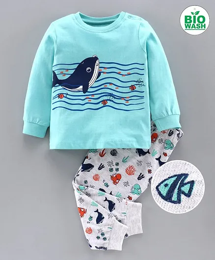 Babyoye Full Sleeves Cotton Blend Night Suit Whale Print - Blue
