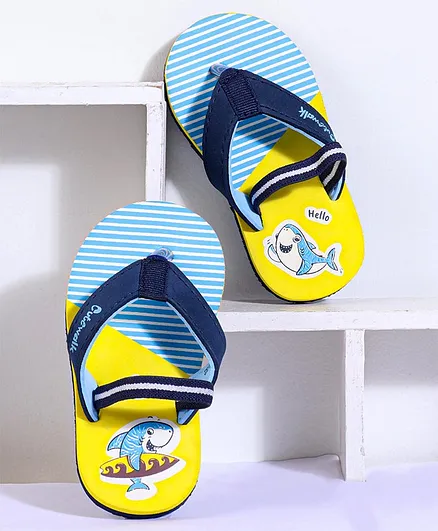 Cute Walk by Babyhug Flip Flops With Back Strap Shark Print - Yellow Blue