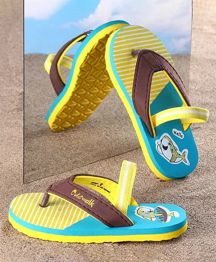 Cute Walk by Babyhug Flip Flops With Back Strap Shark Print - Yellow Turquoise Blue
