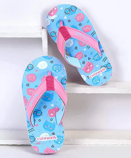 Cute Walk by Babyhug Flip Flops Kitty Print - Blue