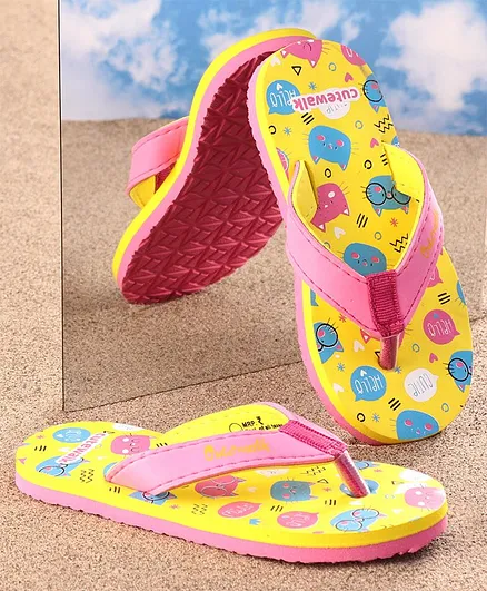 Cute Walk by Babyhug Flip Flops Kitty Print - Yellow