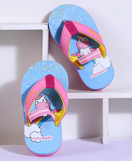Cute Walk by Babyhug Flip Flops With Back Strap Unicorn Print - Blue