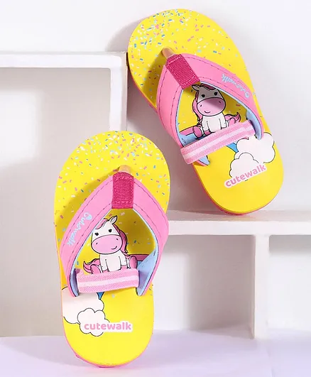 Cute Walk by Babyhug Flip Flops With Back Strap Unicorn Print - Yellow