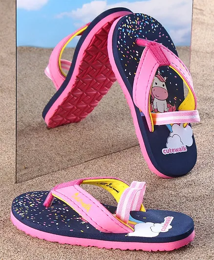 Cute Walk by Babyhug Flip Flops Unicorn Print - Navy Blue