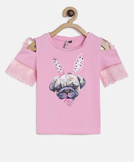 Actuel Half Sleeves Dog Print Detailing Cold Shoulder Top - Pink