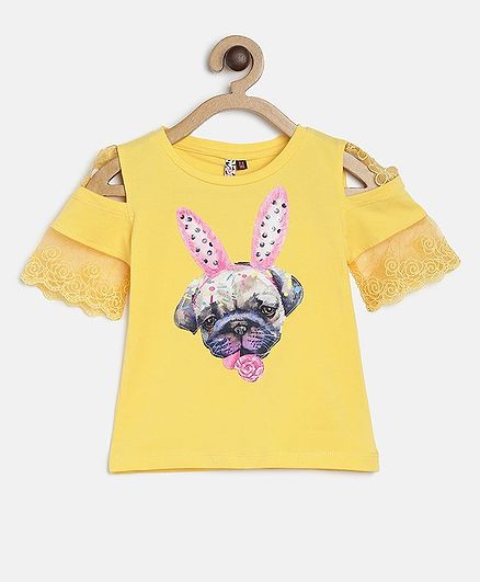 Actuel Half Sleeves Dog Print Detailing Cold Shoulder Top - Yellow