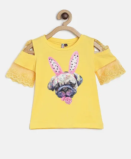 Actuel Half Sleeves Dog Print Detailing Cold Shoulder Top - Yellow
