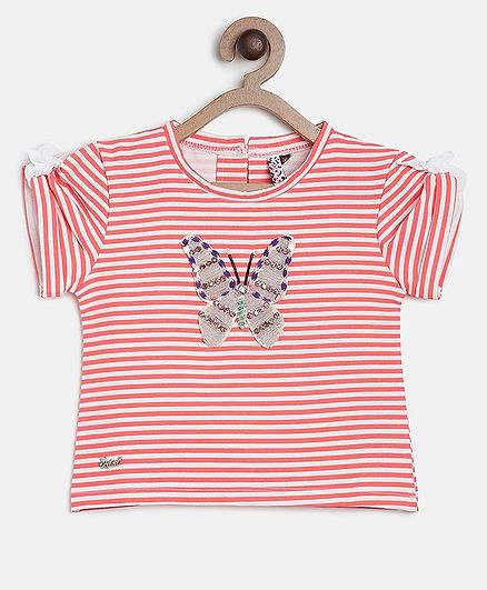 Actuel Half Sleeves Striped Butterfly Detailing Top - Pink & White