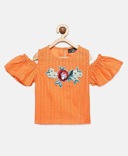 Actuel Half Sleeves Flower Embellished Top - Orange