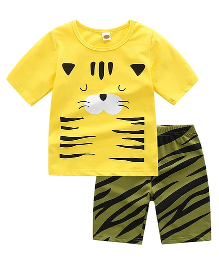 Kookie Kids Half Sleeves Night Suit Tiger Print - Yellow Green