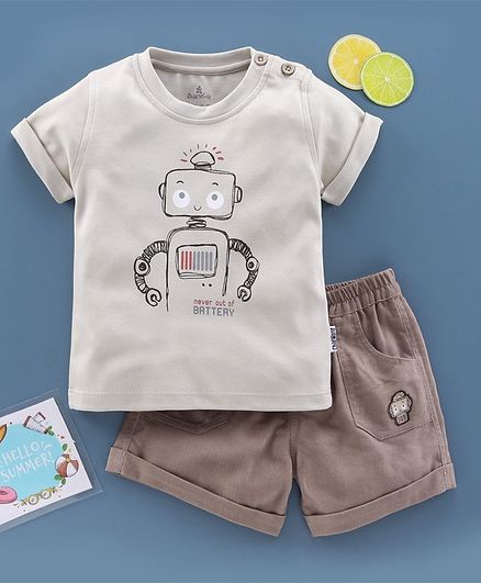 Child World Half Sleeves T-Shirt & Shorts Set Robot Print - Beige