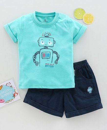 Child World Half Sleeves T-Shirt & Shorts Set Robot Print - Blue