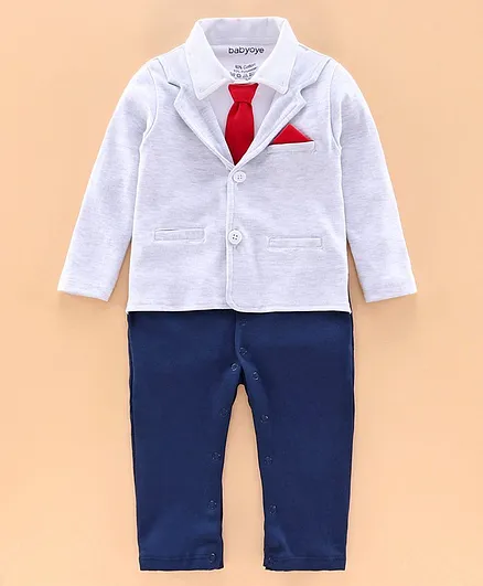 Babyoye Full Sleeves Party Wear Romper With Tie Design - White & Blue