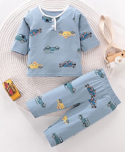 Kookie Kids Full Sleeves Night Suit Car Print - Blue