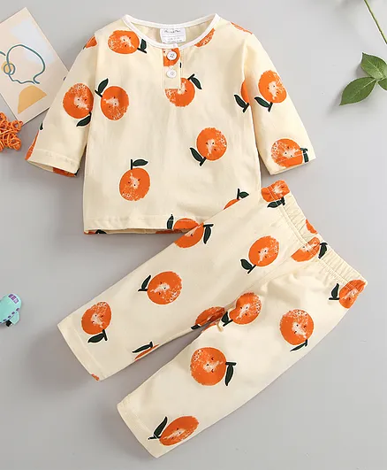 Kookie Kids Half Sleeves Night Suit Fruit Print - Yellow