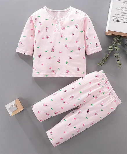 Kookie Kids Full Sleeves Night Suit Fruit Print - Pink