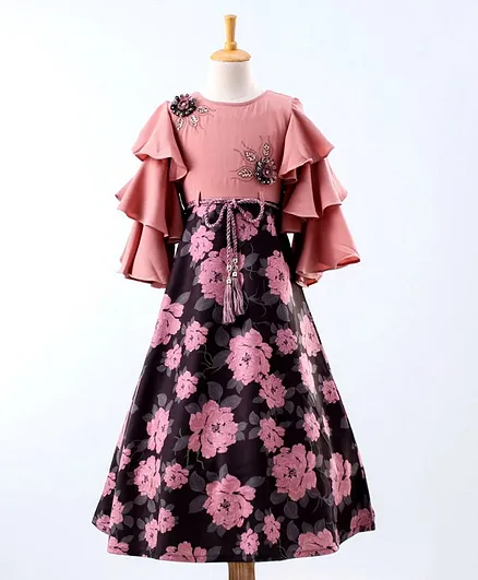 Enfance Ruffled Sleeves Flower Print Gowns With Belt - Peach