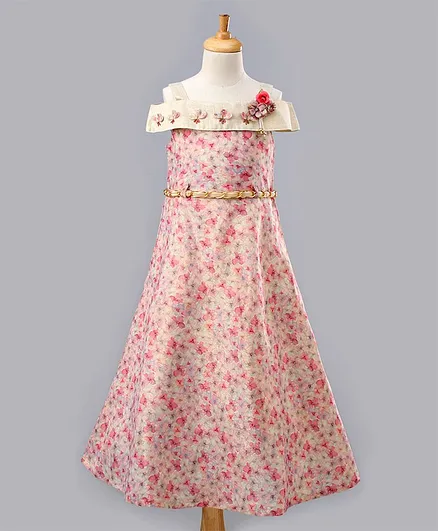 Enfance Cold Shoulder Short Sleeves Floral Printed Gown With Belt - Fawn