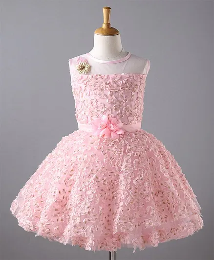 Enfance Sleeveless Flower Applique Fit & Flare Netted Dress - Peach