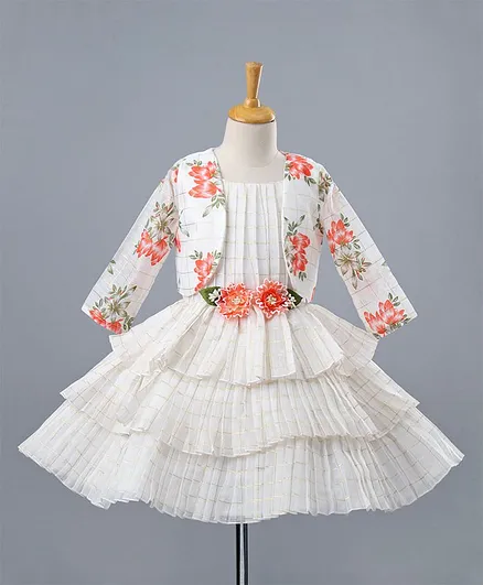 Enfance Checked Layered Dress With Full Sleeves Floral Printed Shrug Dress - Cream