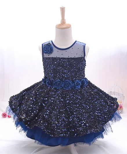Enfance Sleeveless All Over Sequin Flower Embellished Dress - Navy