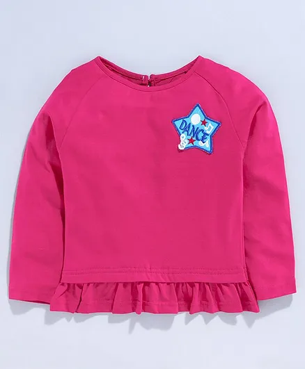 Kiddopanti Full Sleeves Frill Hem Star Patch Top - Pink
