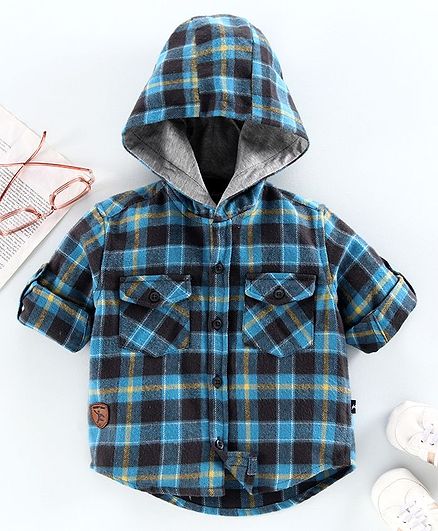 Trendy Cart Full Sleeves Hooded Checked Shirt - Blue