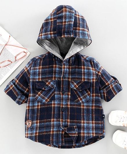 Trendy Cart Full Sleeves Hooded Checked Shirt - Blue