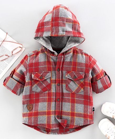 Trendy Cart Full Sleeves Checked Hooded Shirt - Red