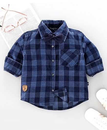 Trendy Cart Full Sleeves Checked Shirt With Bow - Blue