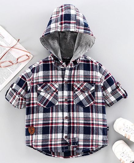 Trendy Cart Full Sleeves Checked Hooded Shirt - Blue