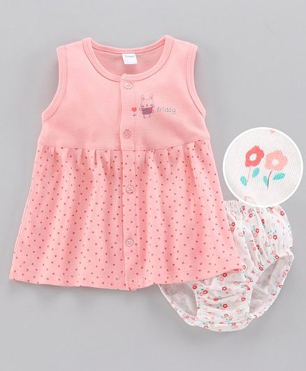Tango 100% Cotton Sleeveless Frock With Bloomer Animal & Heart Print - Peach White